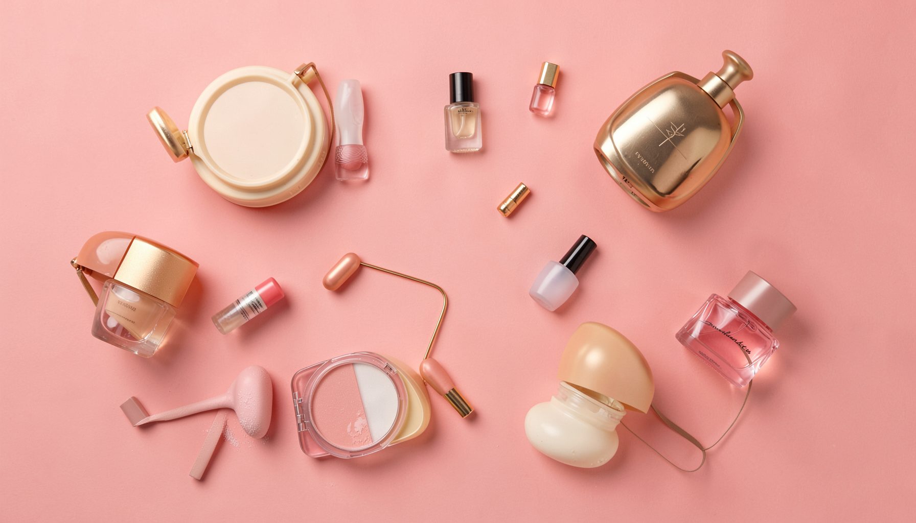 A flat-lay arrangement of beauty and lifestyle products on a soft pink background with warm, diffused lighting
