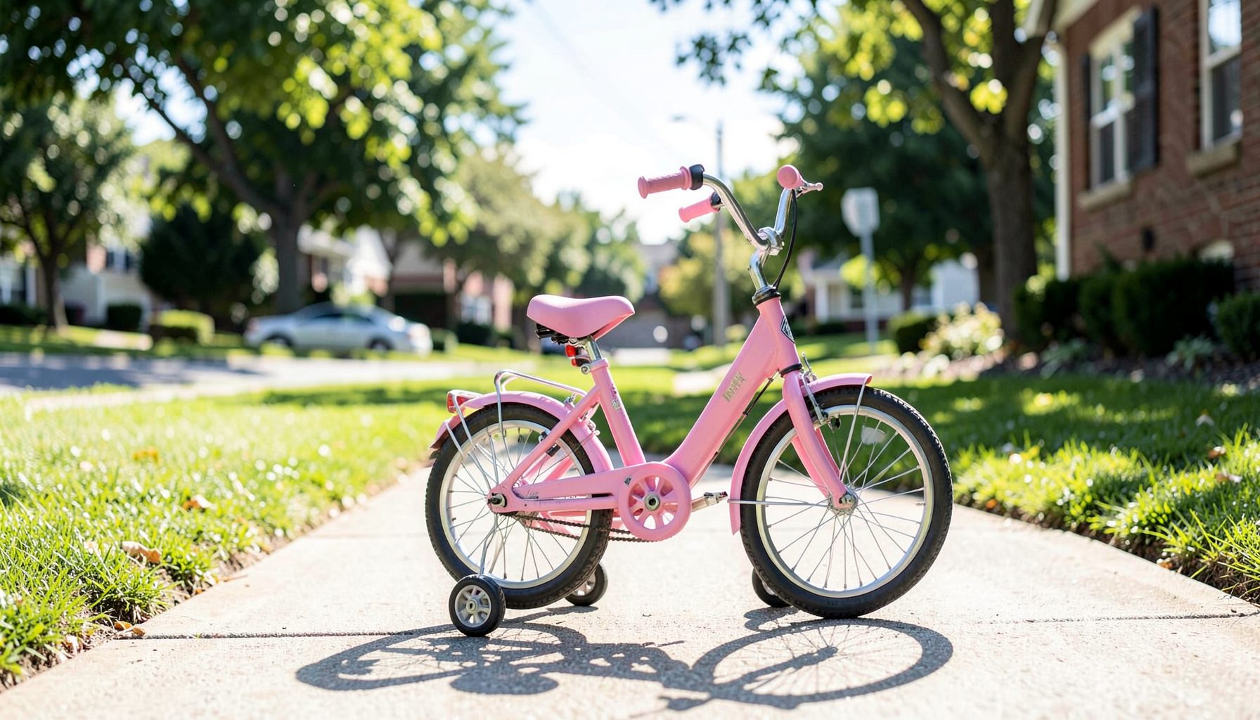 A small pink bicycle with training wheels on a sunlit sidewalk, suburban neighborhood backdrop