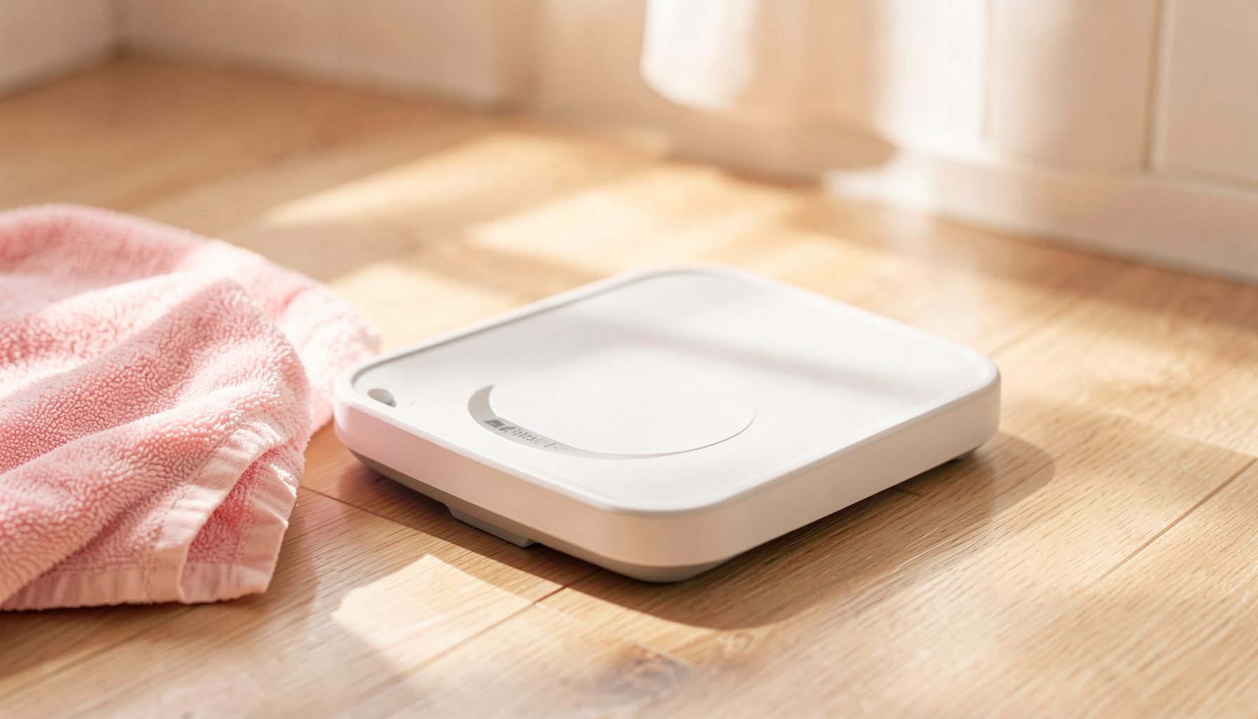 A softly lit bathroom scale on light wood flooring, with a pink towel draped nearby and warm morning light filtering through, calm and reflective mood in blush and cream tones