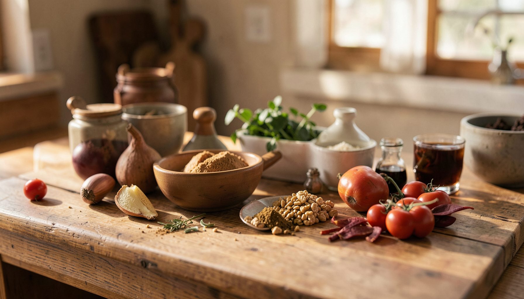 A warm kitchen countertop with ingredients spread across a wooden surface, soft natural light and earthy tones