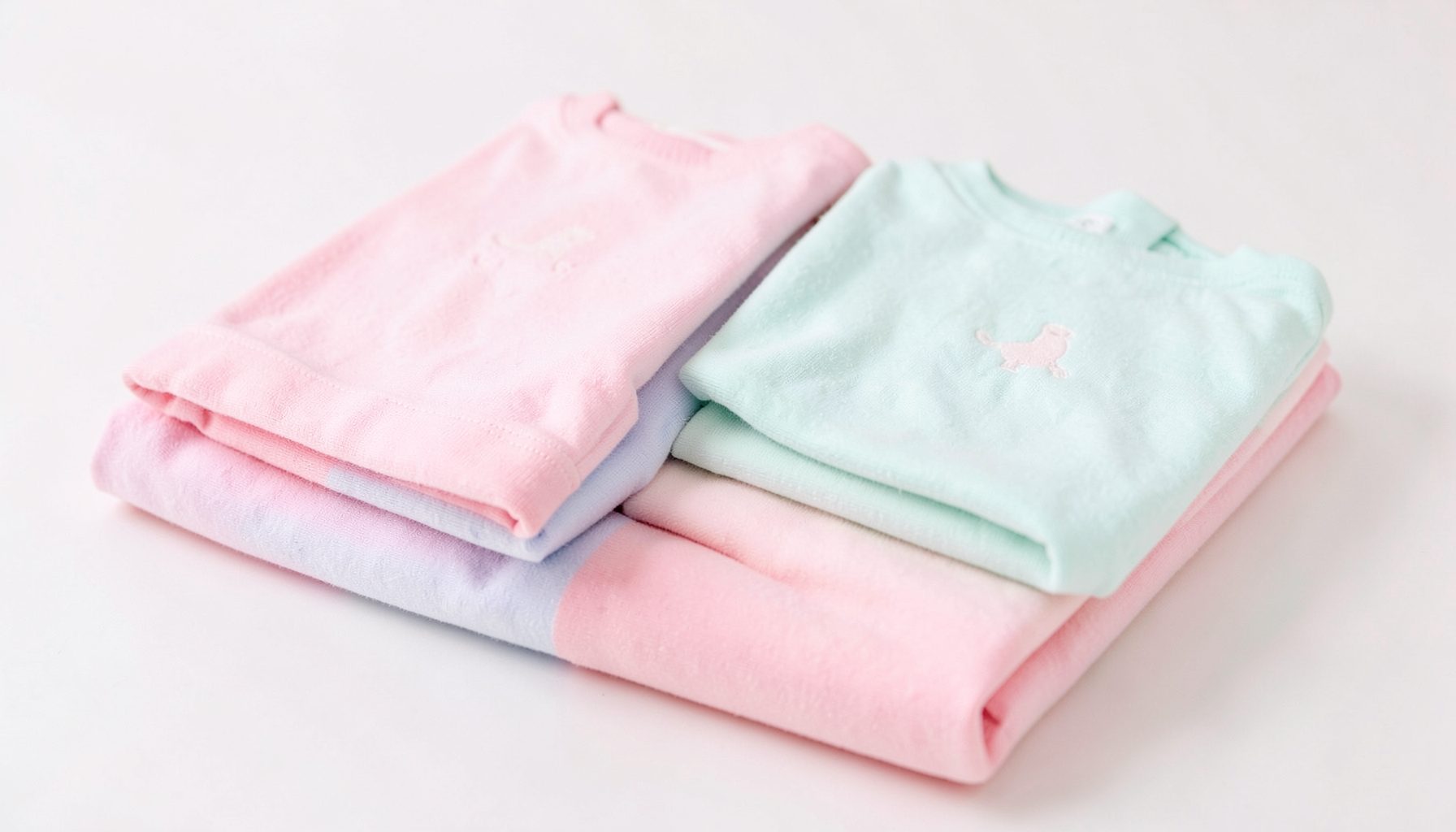 Baby clothes in soft pastels folded neatly, gentle pink and mint tones