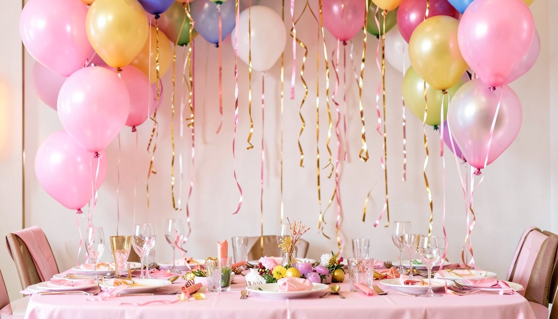 Colorful birthday balloons and streamers in shades of pink and gold, festive party table setting