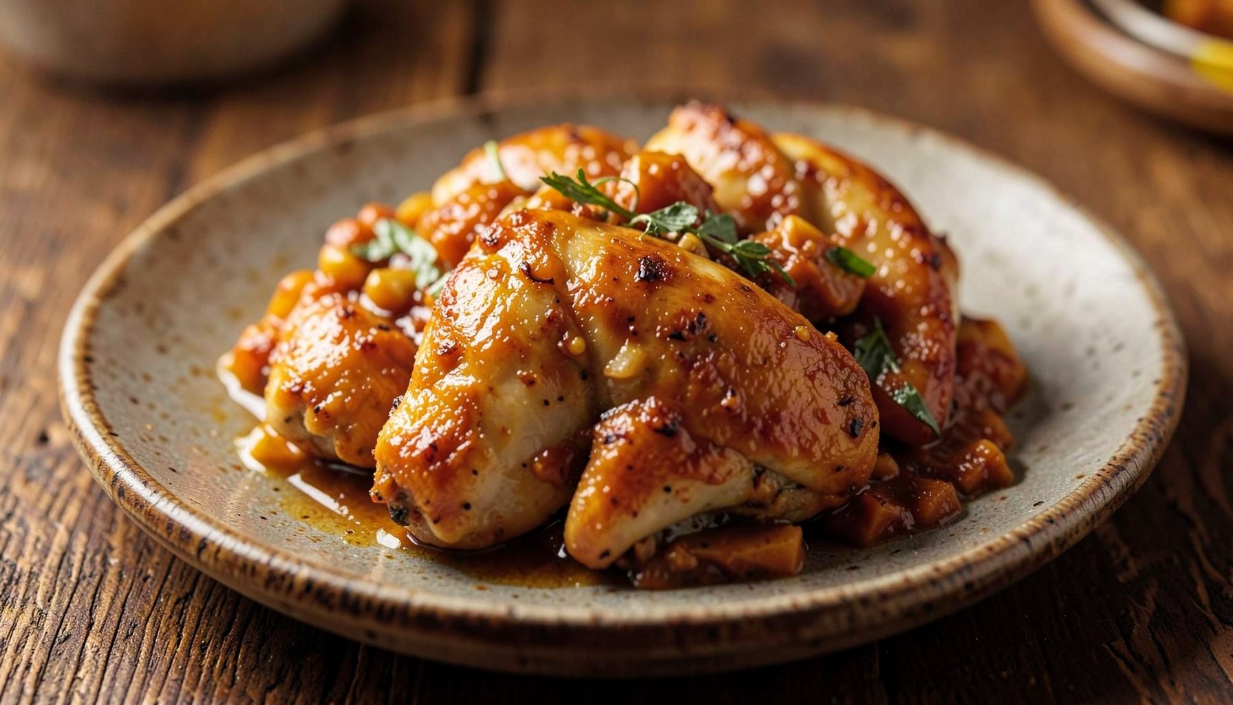 Home-cooked chicken dish on a rustic plate, warm amber and brown tones