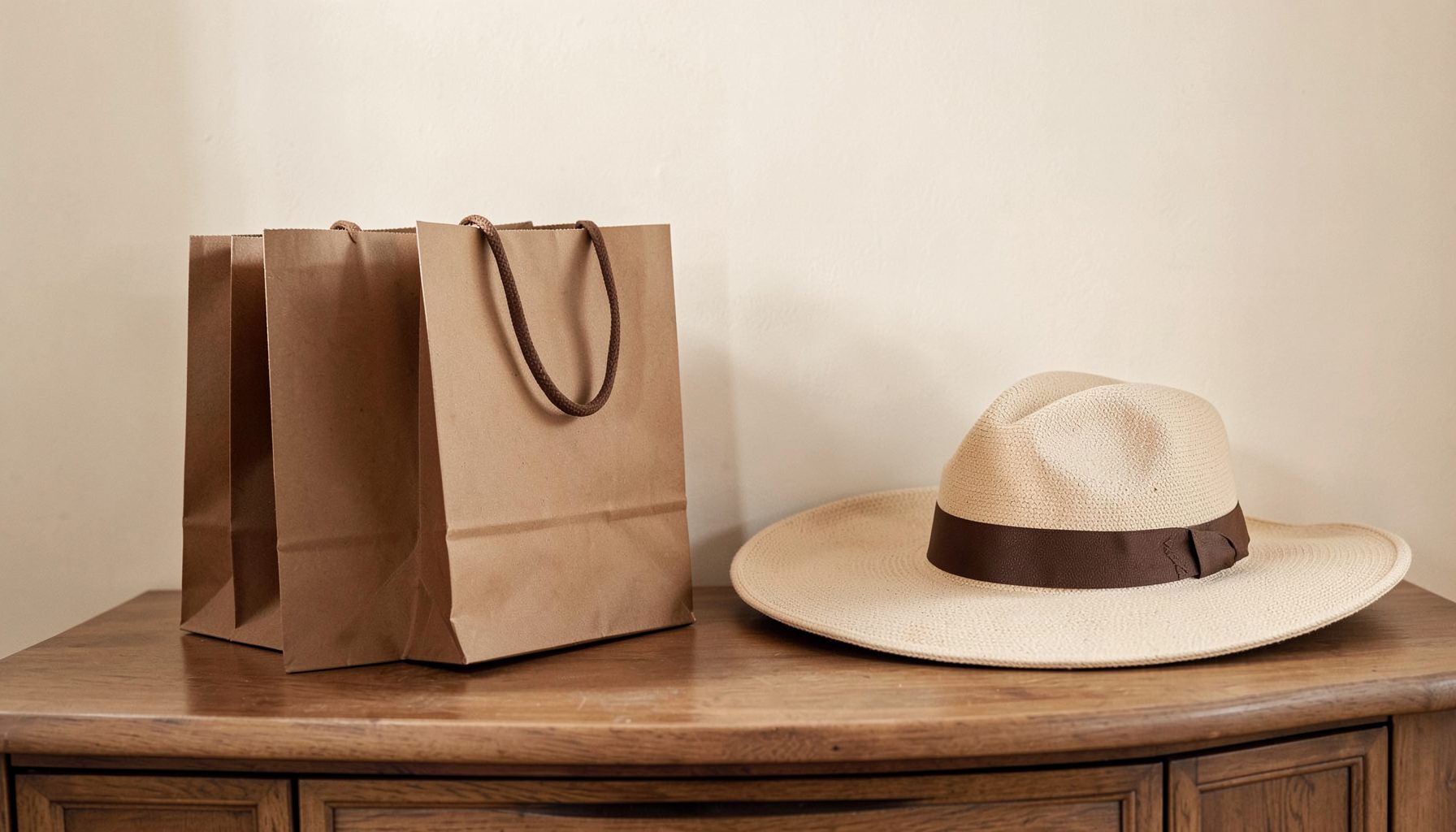 Shopping bags and a wide-brim hat on a dresser, warm brown and cream tones
