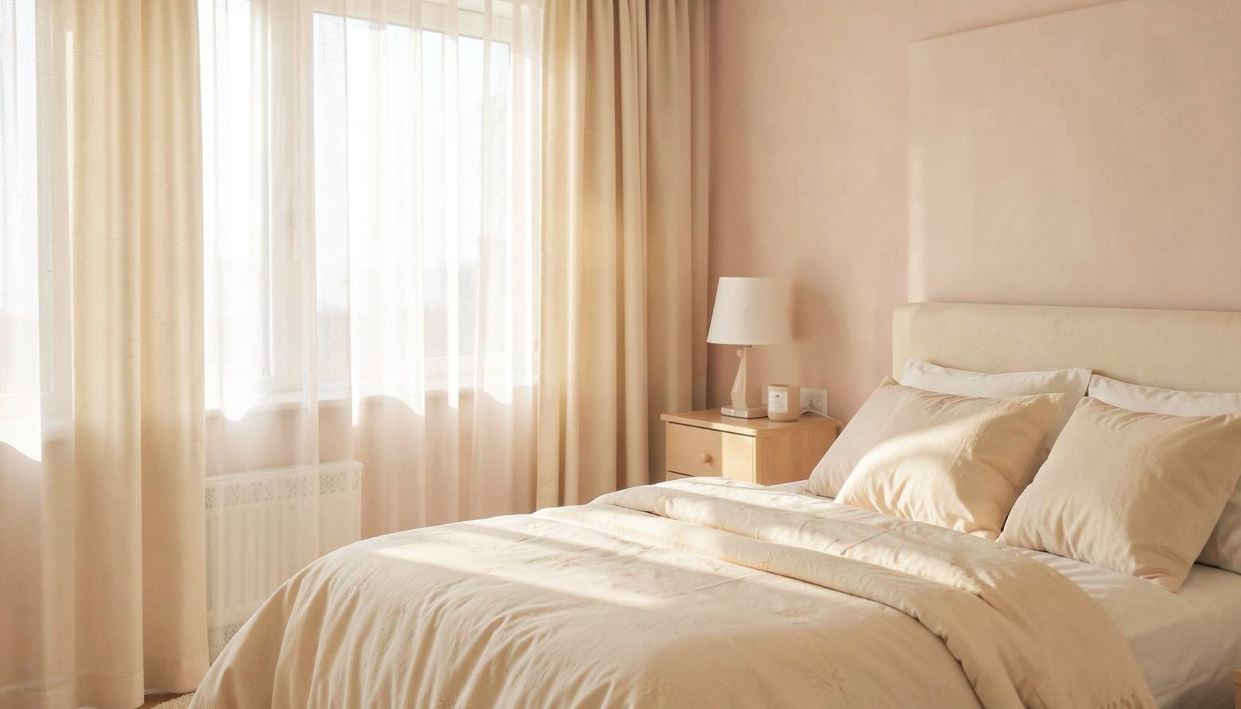Soft morning light filtering through sheer curtains into a quiet bedroom, warm ivory and pale blush tones