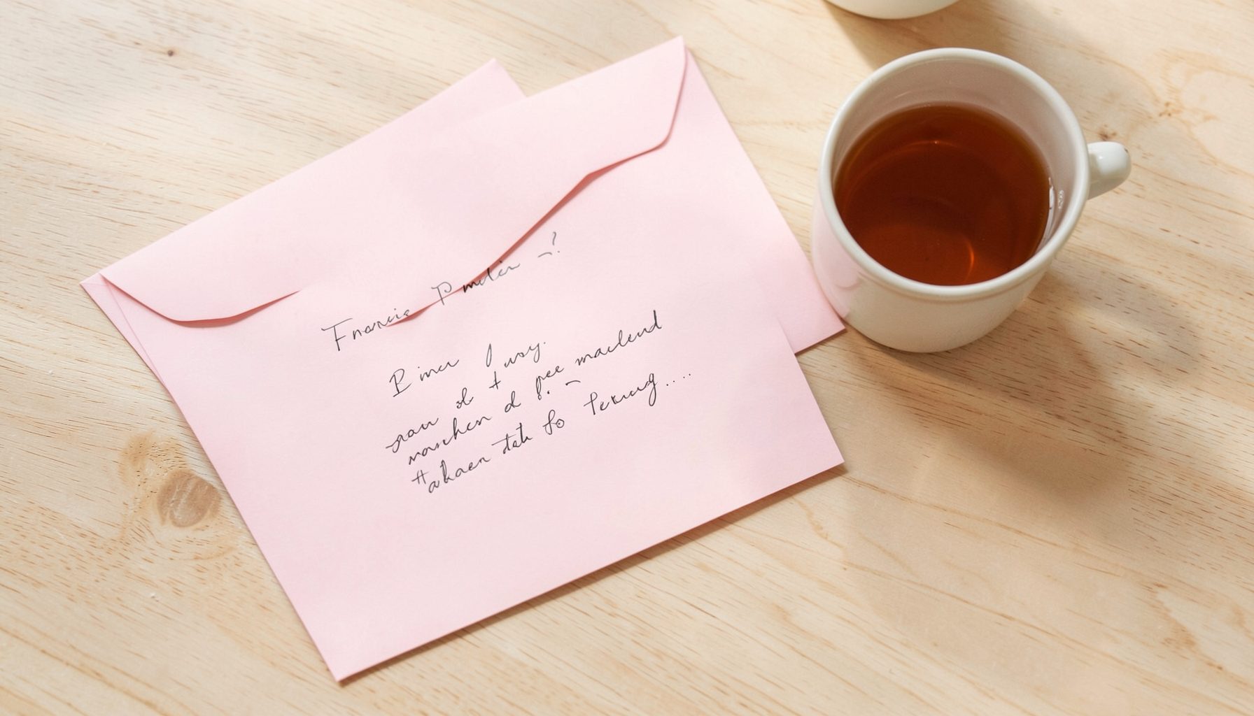 Soft pink stationery flat lay with a handwritten note, envelope, and a warm cup of tea on a light wood desk, gentle morning light
