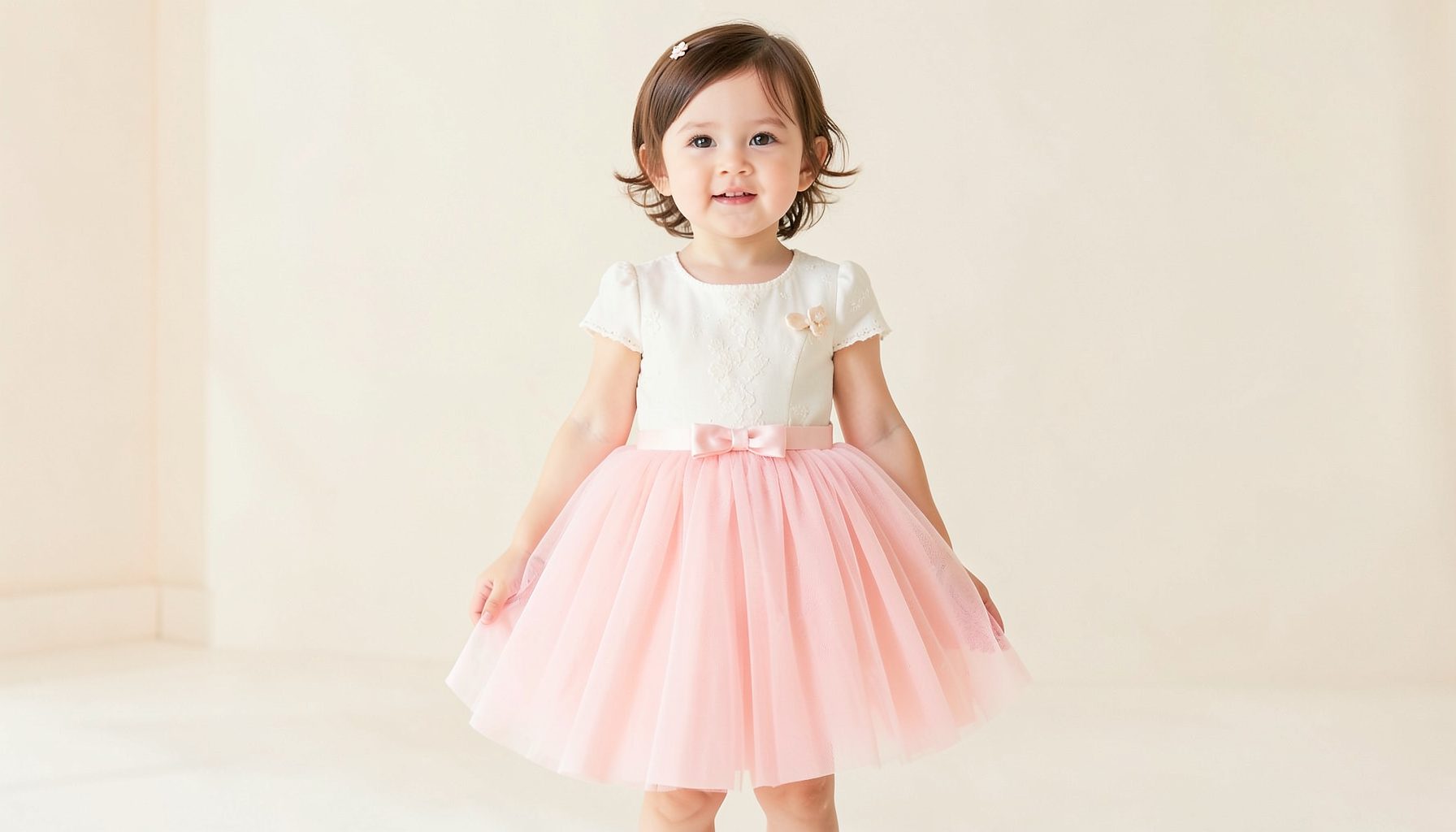 Soft pink tutu skirt on a little girl, pastel and cream tones