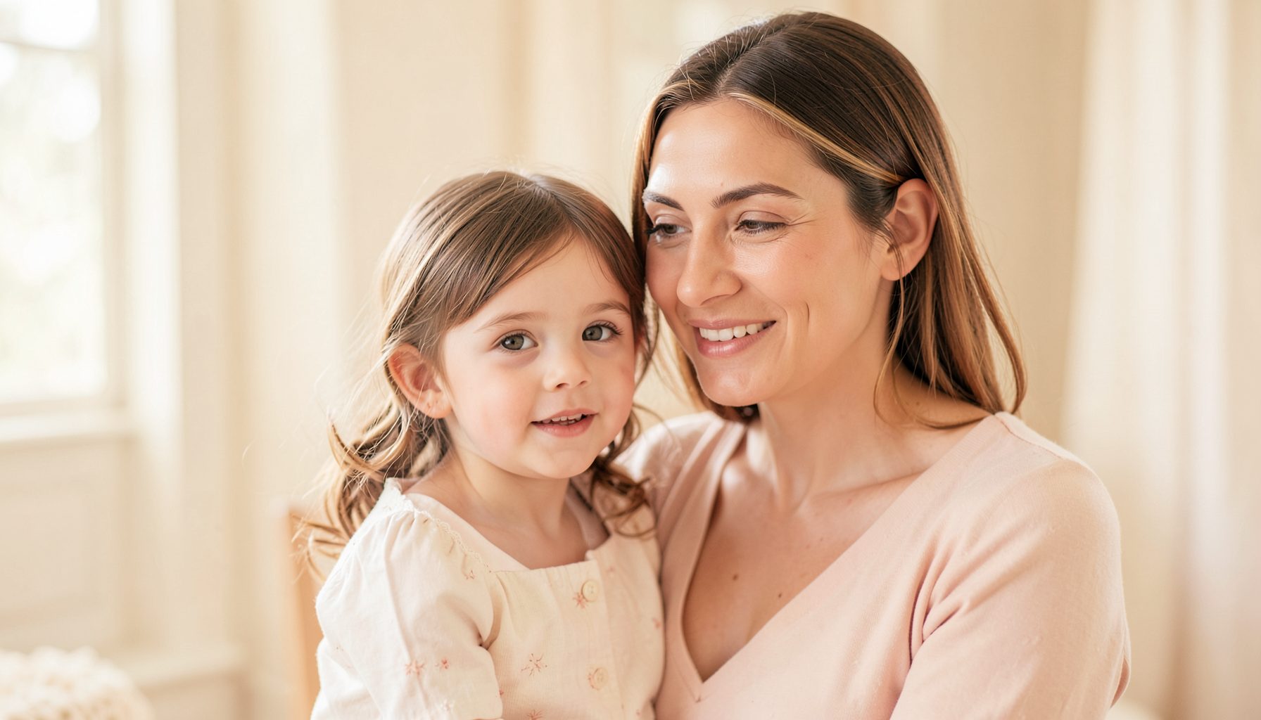 Warm-toned portrait of a mother and young daughter in soft natural light, cream and blush tones